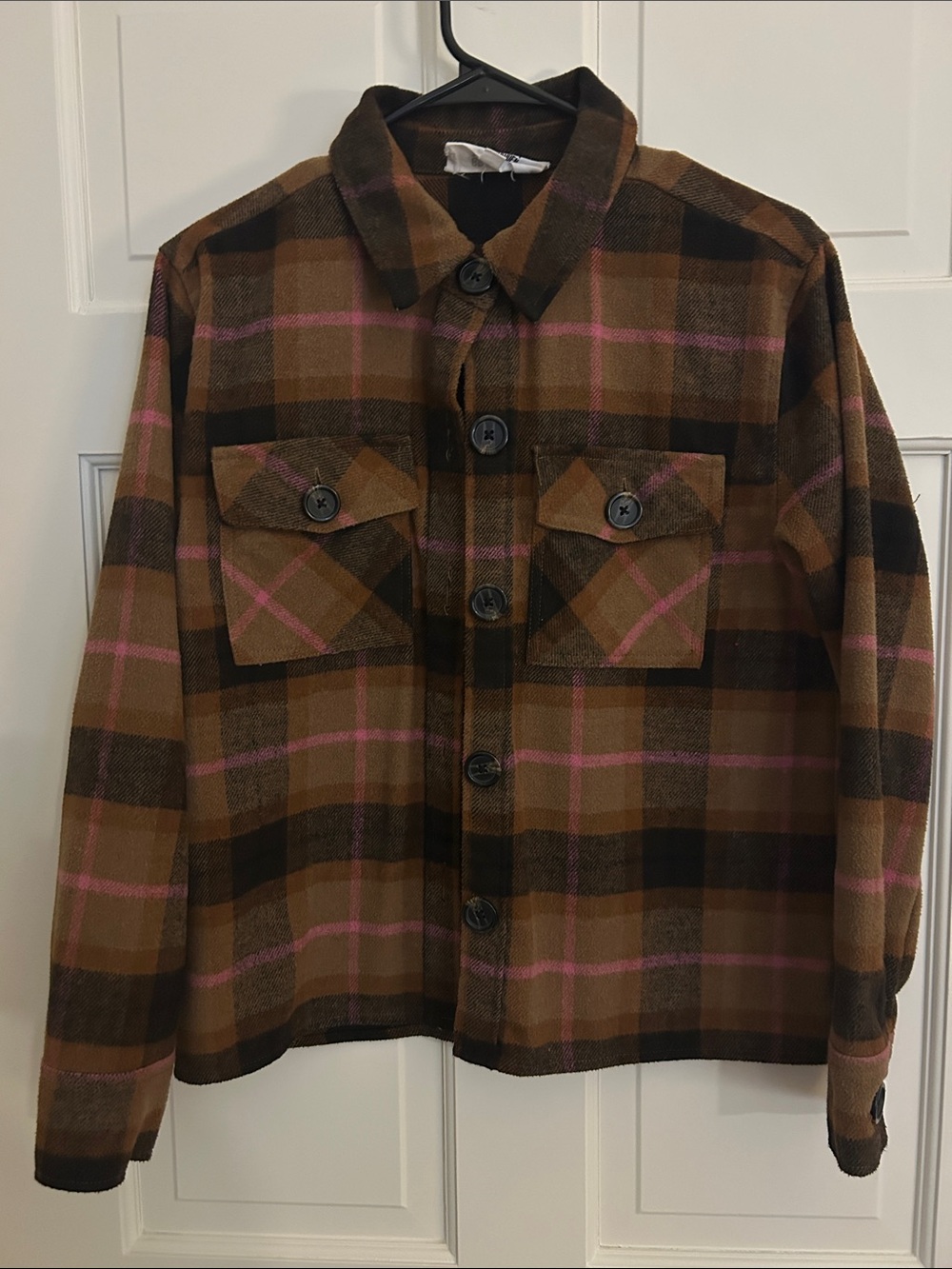BB Dakota Brown Plaid Utility Jacket with Pink Accents